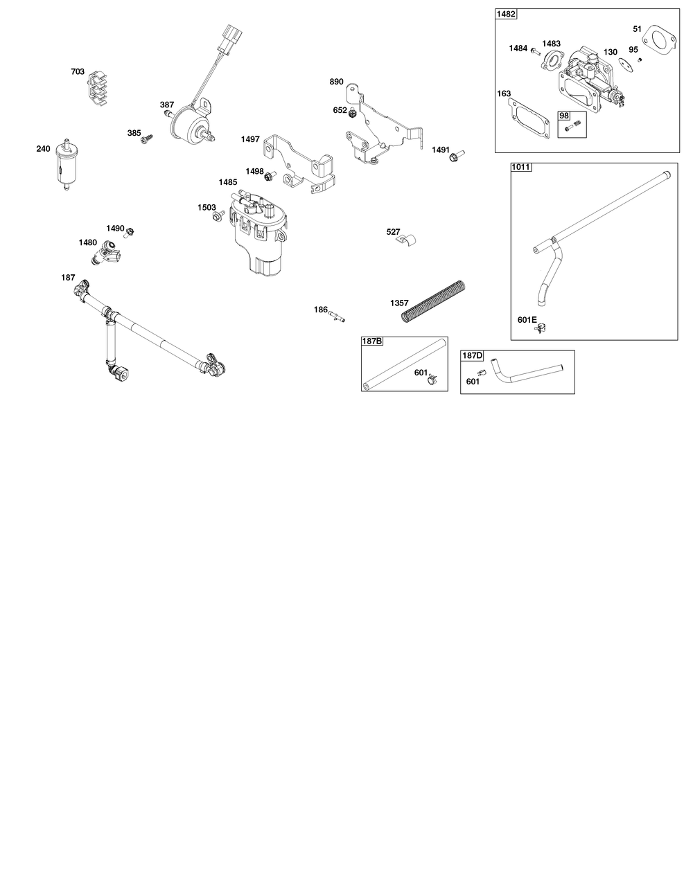 Throttle Body And Fuel Supply Goup Diagram and Parts List for 61E877-0108-J1 400000 - 699999 Briggs and Stratton Engine